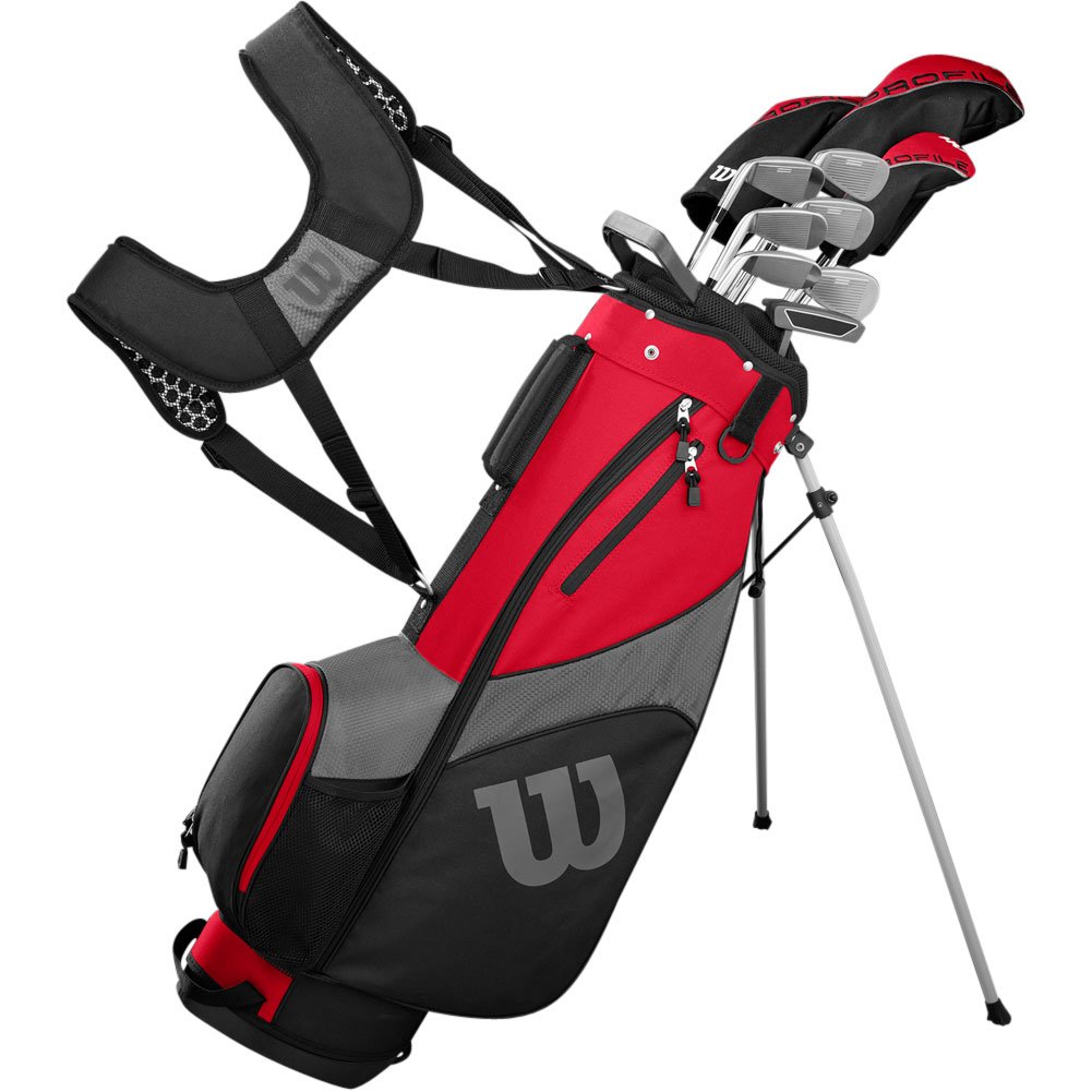 Wilson Mens Profile SGI Packaged Set w/Carry Bag Drvr/Fwy/Hyb/6-PW;SW/Pttr/Bag Graphite/Steel Black/Red Uniflex +1 Inch Left